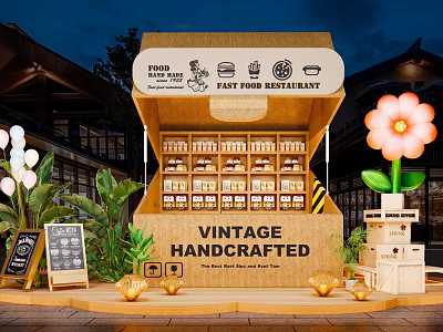 Vintage Handcrafted Fast Food Restaurant Commercial Outdoor Setup With Green Plants Decorative Flower And Chalkboard 3d model