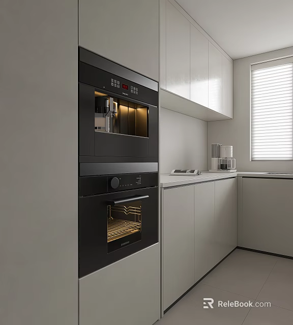 Modern Kitchen Interior With Built In Black Oven Microwave And White Cabinets 3d model 