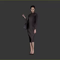 A Woman Wearing Dark Brown Dress Holding Handbag Standing In Gray Background With High Heels