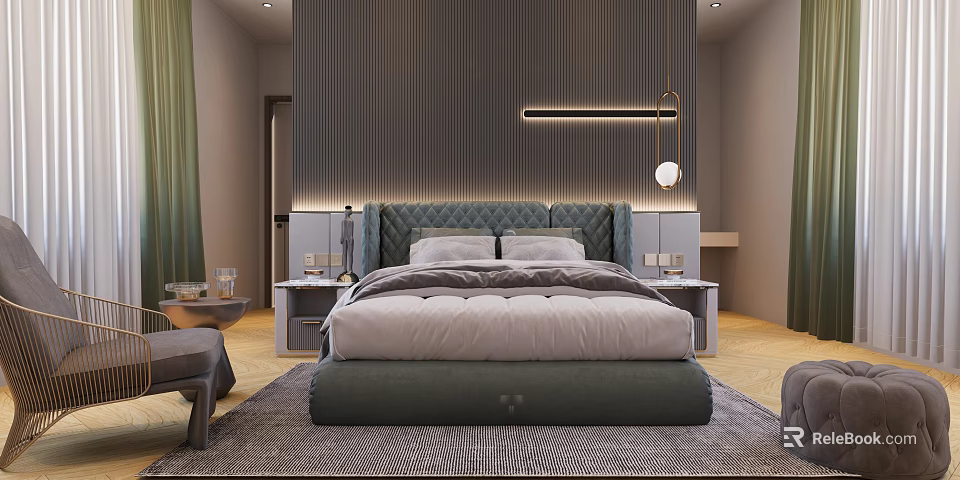 Modern Bedroom Interior With Dark Headboard Vertical Striped Wall Lighting Strips And Soft Bedding 3d model 