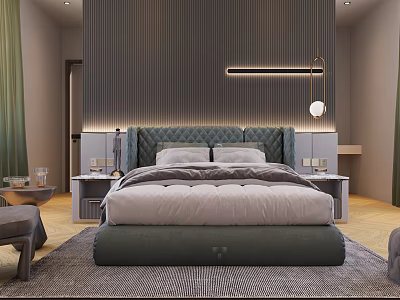 Modern Bedroom Interior With Dark Headboard Vertical Striped Wall Lighting Strips And Soft Bedding 3d model