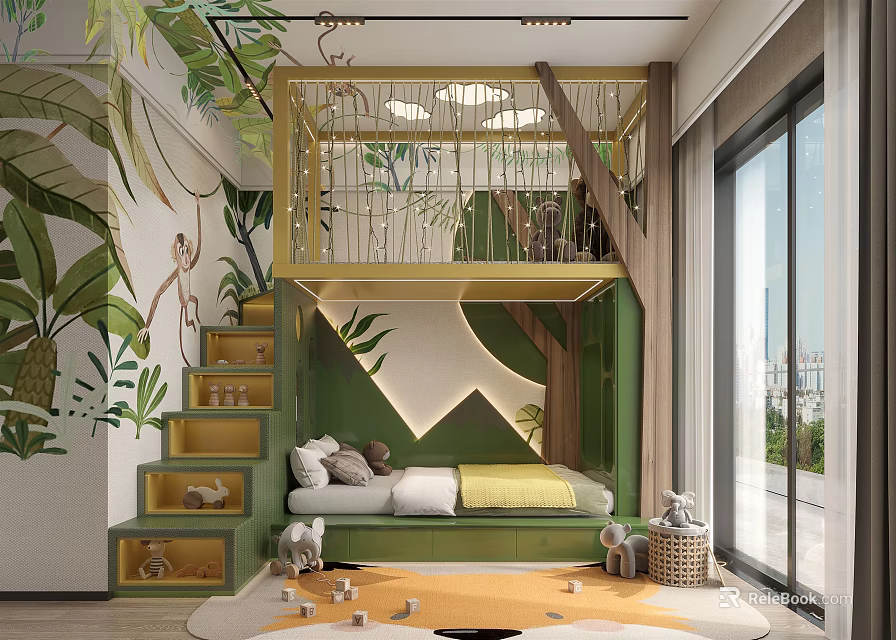 Jungle Themed Kids Room Interior With Treehouse Loft Bed Stairs And Play Area 3d model 
