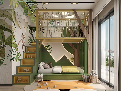 Jungle Themed Kids Room Interior With Treehouse Loft Bed Stairs And Play Area 3d model