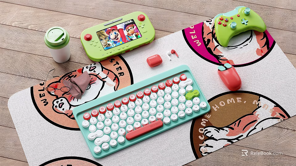 Colorful Retro Computer Keyboard and Red Mouse with Green Game Controller and Handheld Console 3d model 