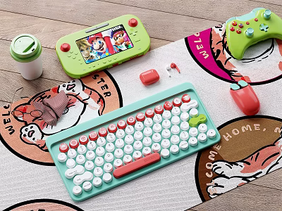 Colorful Retro Computer Keyboard and Red Mouse with Green Game Controller and Handheld Console 3d model