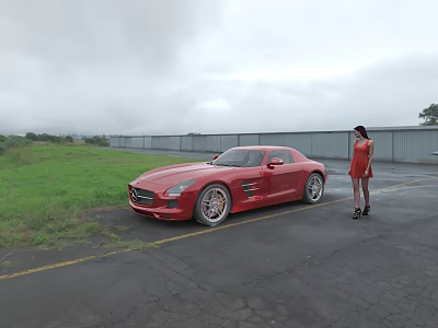 Red Sports Car with Woman in Red Dress on Open Road Green Grass Gray Fence 3d model