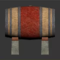 Wooden Wine Barrel with Red Fabric and Metal Hoops on Stone Stands