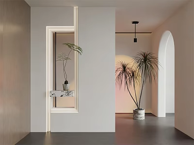 Modern Entryway Hallway With Light Walls Dark Flooring Mirror And Potted Plants 3d model