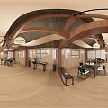 Traditional Tea House Interior With Wooden Beams Hanging Lamps Tables And Wooden Floor