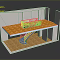 Two Level Interior Structure With Patterned Floor Upper Platform Railing And Staircase
