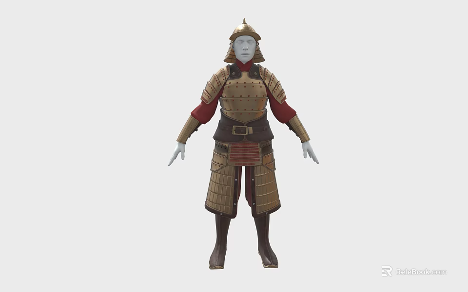 Traditional Samurai Armor With Golden Plates Red Lining And Helmet Full Body Design 3d model 