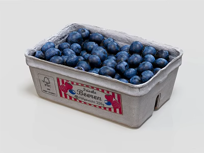 Full of Plump Juicy Fresh Blueberries in Cardboard Container with Label 3d model