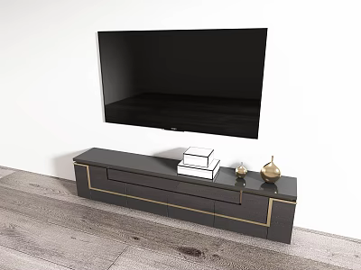 Sleek Black TV Stand Featuring Gold Accents Drawers Decorative Books And Wall Mounted TV 3d model