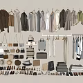 Organized Clothes Display with Hangers Hats Bags Shoes and Luggage in Neutral Toned Closet