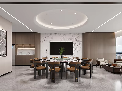 Modern Private Dining Room With Marble Wall Round Table And Chairs 3d model