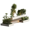 Modern Park Landscape Design With Stone Planters Palm Trees Bushes And Wooden Bench