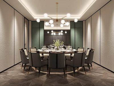 Elegant Private Dining Room Interior With Round Table Chairs Pendant Lights And Greenery 3d model