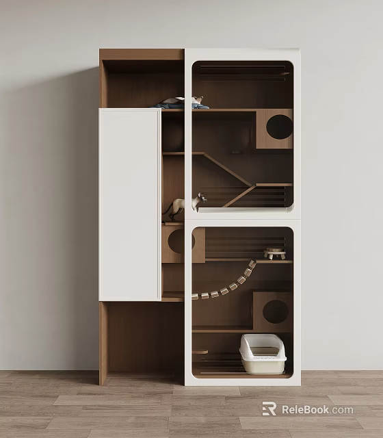 Animal Wall Decor With Wooden White Cabinet Circular Holes Cat Activity Structure And Litter Box 3d model 