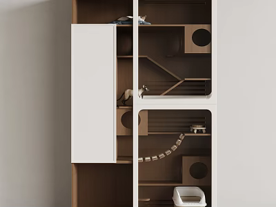 Animal Wall Decor With Wooden White Cabinet Circular Holes Cat Activity Structure And Litter Box 3d model