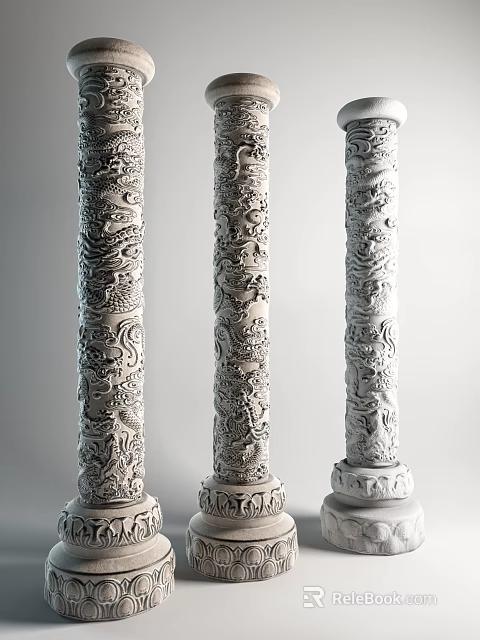 Traditional Carved Stone Pillars with Intricate Dragon Patterns in Classic Architectural Design 3d model 