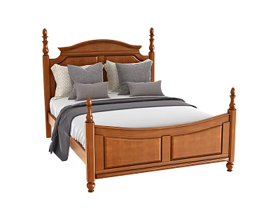 Classic Wooden Double Bed with Poster Frame Gray Beige Pillows and Soft Blanket 3d model