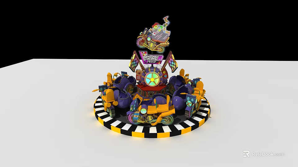 Vibrant Kids Rotating Amusement Ride With Purple Yellow Seats And Black White Checkered Base 3d model 