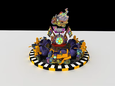 Vibrant Kids Rotating Amusement Ride With Purple Yellow Seats And Black White Checkered Base 3d model