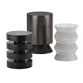 Three Different Design Ottoman in Black Metallic and White with Stacked Cylindrical Geometric Shapes
