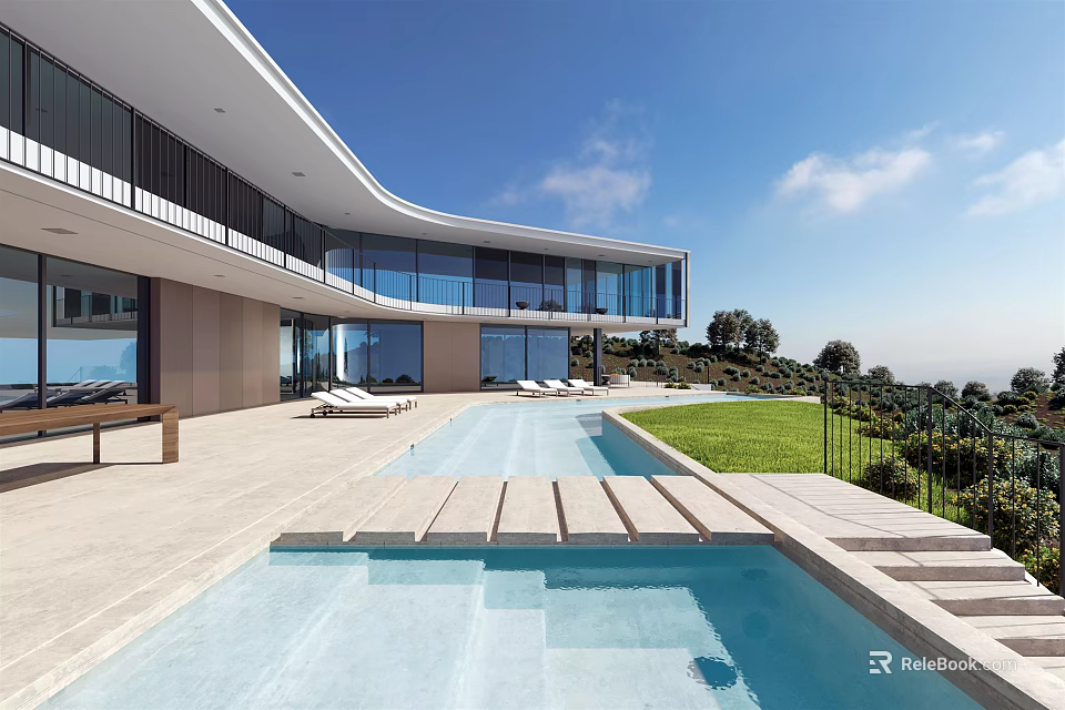 Modern Detached Villa With Curved Roof Large Glass Windows Terrace Swimming Pool And Green Lawn 3d model 
