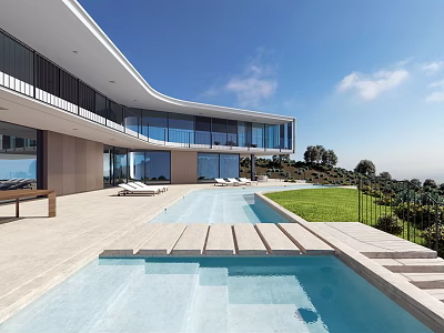 Modern Detached Villa With Curved Roof Large Glass Windows Terrace Swimming Pool And Green Lawn 3d model