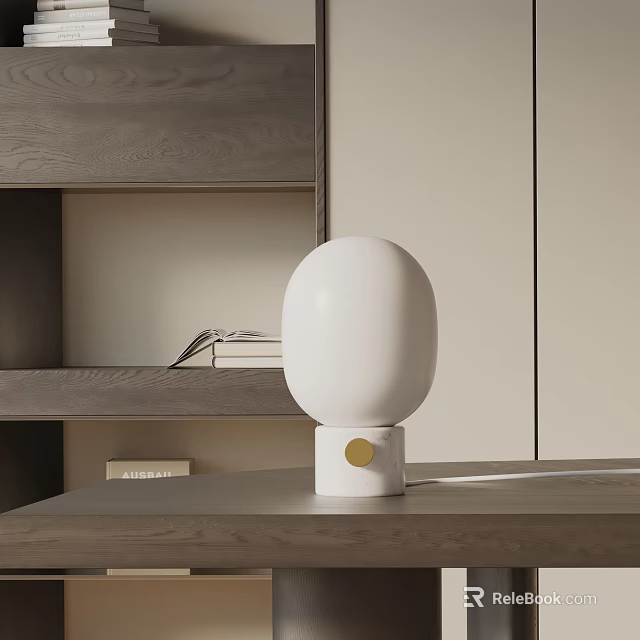 Modern Minimalist White Spherical Table Lamp With Gold Dot Base On Wooden Shelf With Books 3d model 