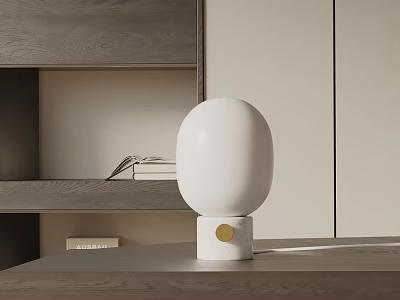 Modern Minimalist White Spherical Table Lamp With Gold Dot Base On Wooden Shelf With Books 3d model