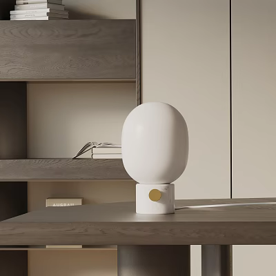Modern Minimalist White Spherical Table Lamp With Gold Dot Base On Wooden Shelf With Books 3d model