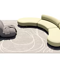 Stylish Curved Sofa Set Design With Light Colored Upholstery Gray Armchair And Patterned Rug