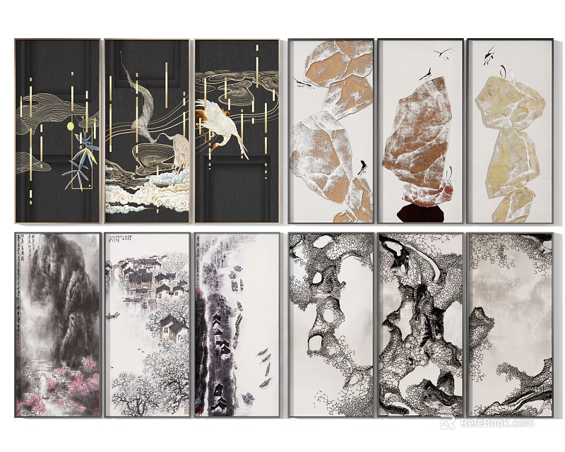 Abstract Paintings In Contemporary Style With Black White Gold And Natural Elements For Home Decor 3d model 