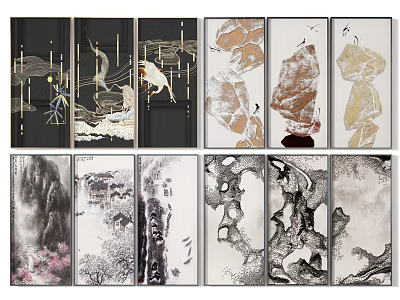 Abstract Paintings In Contemporary Style With Black White Gold And Natural Elements For Home Decor 3d model