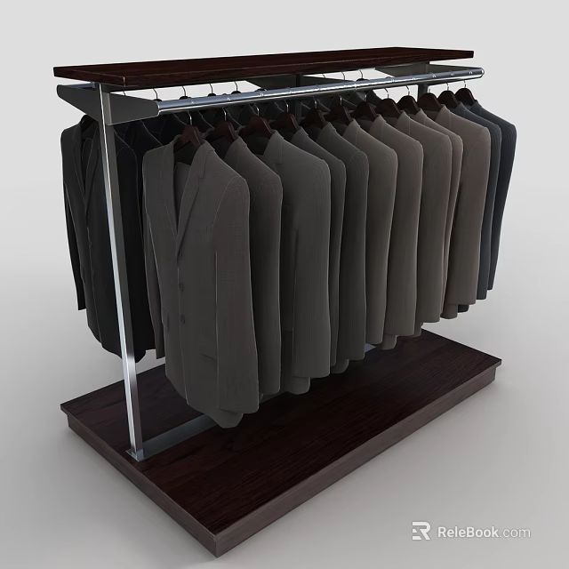 Clothes Rack With Metal Frame And Wooden Base Hanging Multiple Gray Black Suits 3d model 