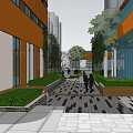 Modern Orange Office Building With Glass Elements And Landscaped Plaza Entrance Area
