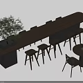 Modern Wooden Long Bar Counter With High Stools Potted Plant And Round Table