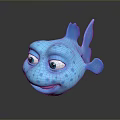 Cute Blue Cartoon Fish Head With Big Eyes Smiling Mouth Spots And Fins