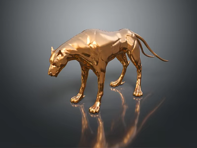 Golden Polygonal Feline Animal Sculpture Standing On Smooth Surface With Reflection 3d model