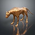Golden Polygonal Feline Animal Sculpture Standing On Smooth Surface With Reflection