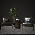 Modern Interior With Leather Armchairs Green Plant Tree Stump Table And Gray Walls