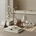 Minimalist Decorative Ornament Set with Vase White Flower Branches Glass Decanter and Wine Glasses