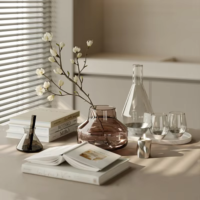 Minimalist Decorative Ornament Set with Vase White Flower Branches Glass Decanter and Wine Glasses 3d model