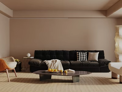 Neutral Living Room Interior With Black Sofa Coffee Table Checkered Beige Pillows And Orange Chair 3d model