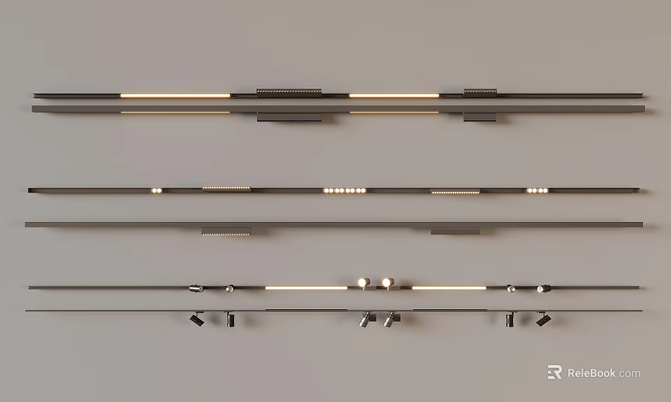 Various Styles of Downlights and Spotlights with Black Gold Elements Arranged in Rows 3d model 