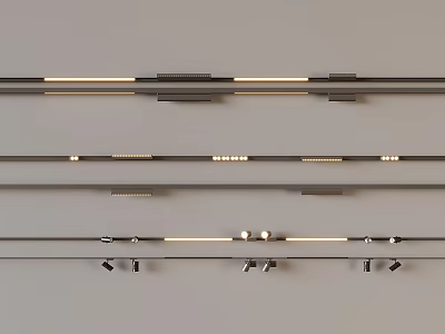 Various Styles of Downlights and Spotlights with Black Gold Elements Arranged in Rows 3d model