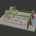 Industrial Equipment 3D Model With Metal Frame Storage Tanks And Pipeline System