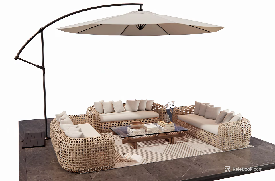 Comfortable Wicker Outdoor Sofa Set With Umbrella Coffee Table And Cushions On Patio 3d model 
